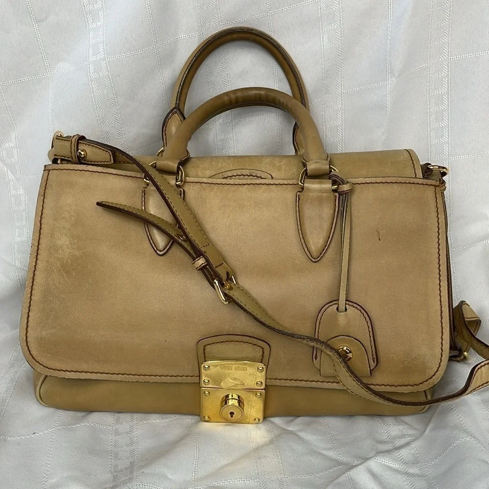 Miu Miu Vitello Leather Flap 2 Way Handbag Satchel Beige